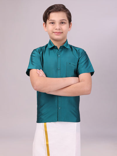 Boys Dupion Satin Dark Green Colour Half Sleeves Shirt