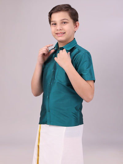 Boys Dupion Satin Dark Green Colour Half Sleeves Shirt side pose