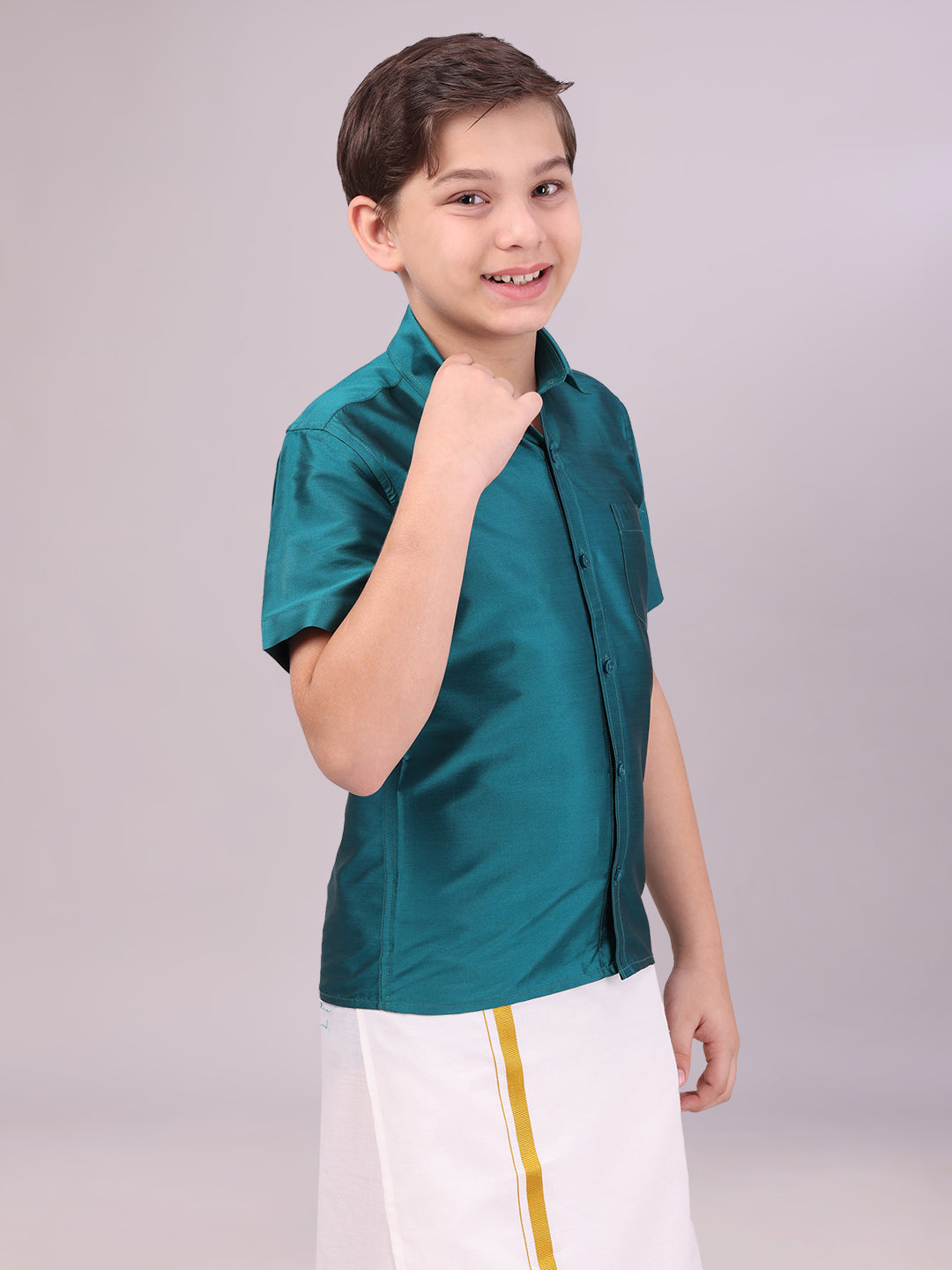 Boys Dupion Satin Dark Green Colour Half Sleeves Shirt side pose