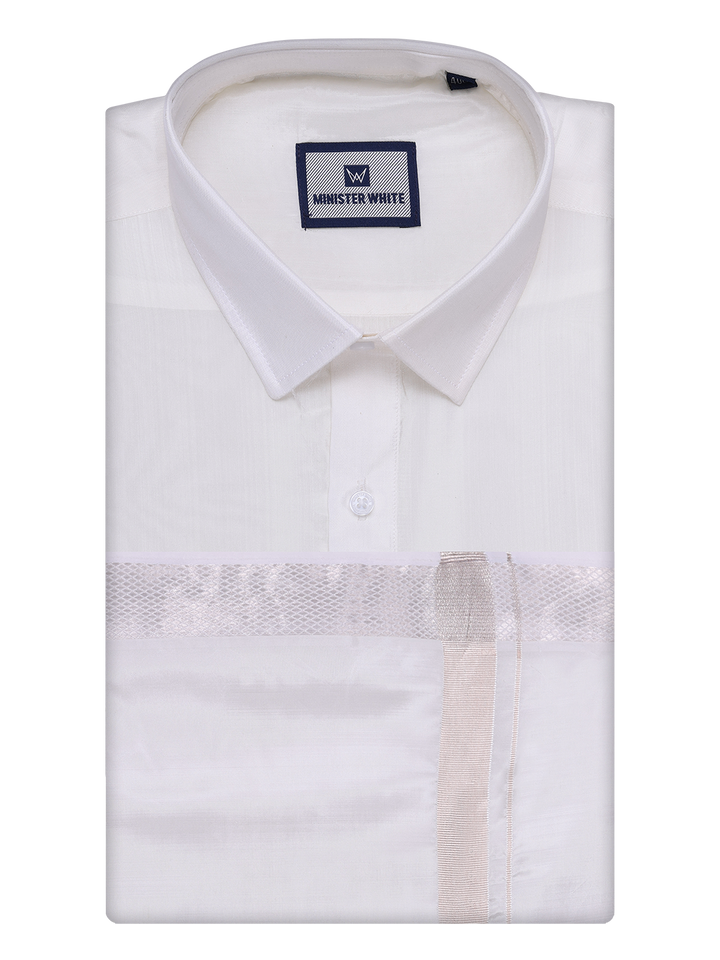 Men's Art Silk Half White Full Sleeves Shirt with Silver Jari Border Dhoti Combo Finesse