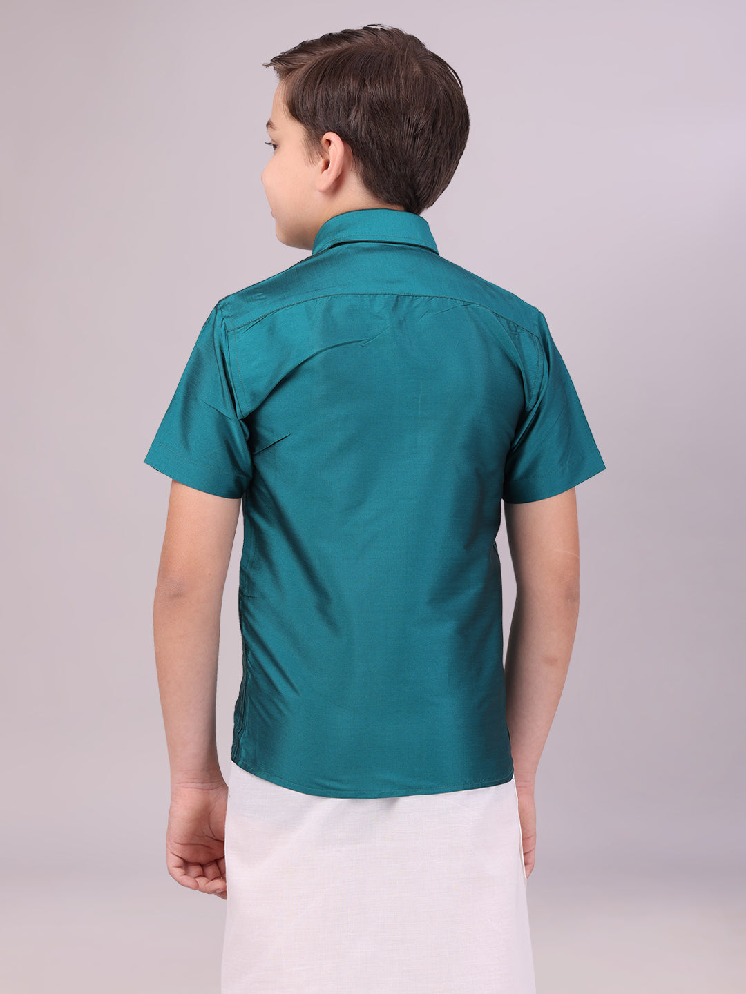 Boys Dupion Satin Dark Green Colour Half Sleeves Shirt back pose