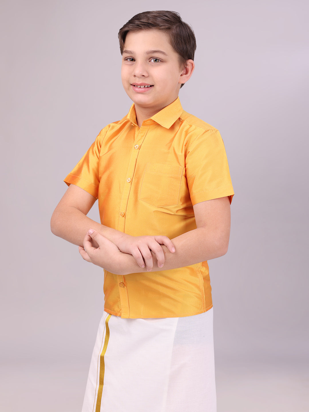 Boys Dupion Satin Yellow Colour Half Sleeves Shirt side pose