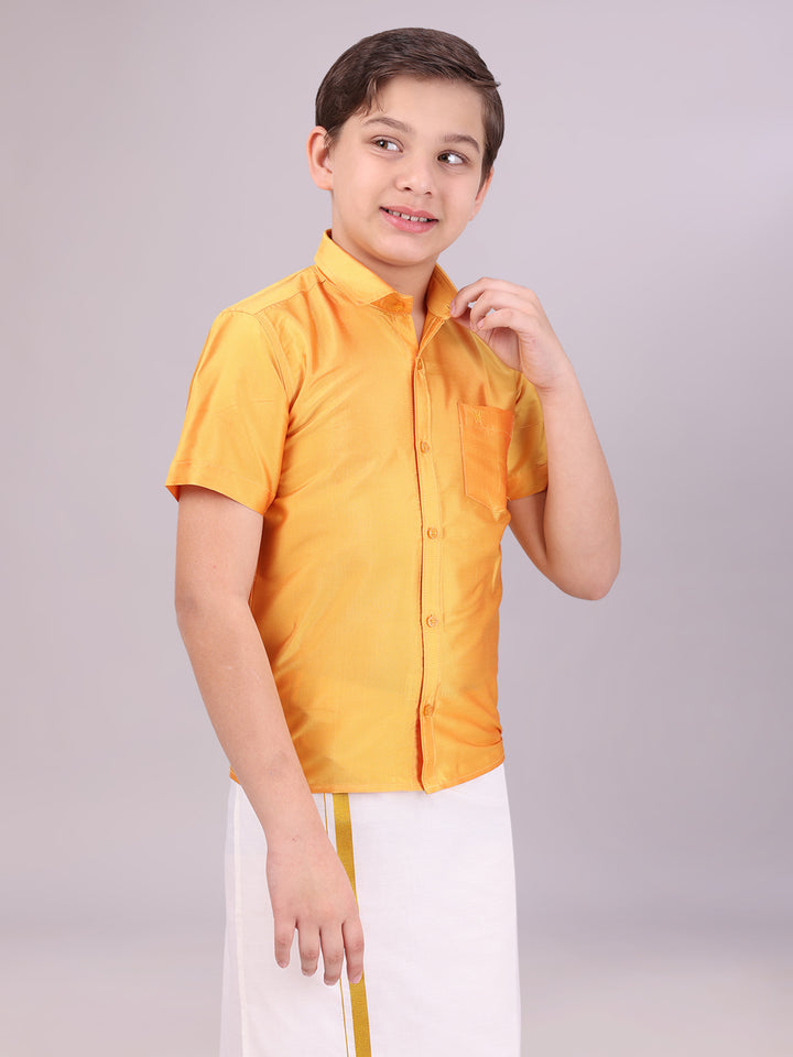 Boys Dupion Satin Yellow Colour Half Sleeves Shirt side pose