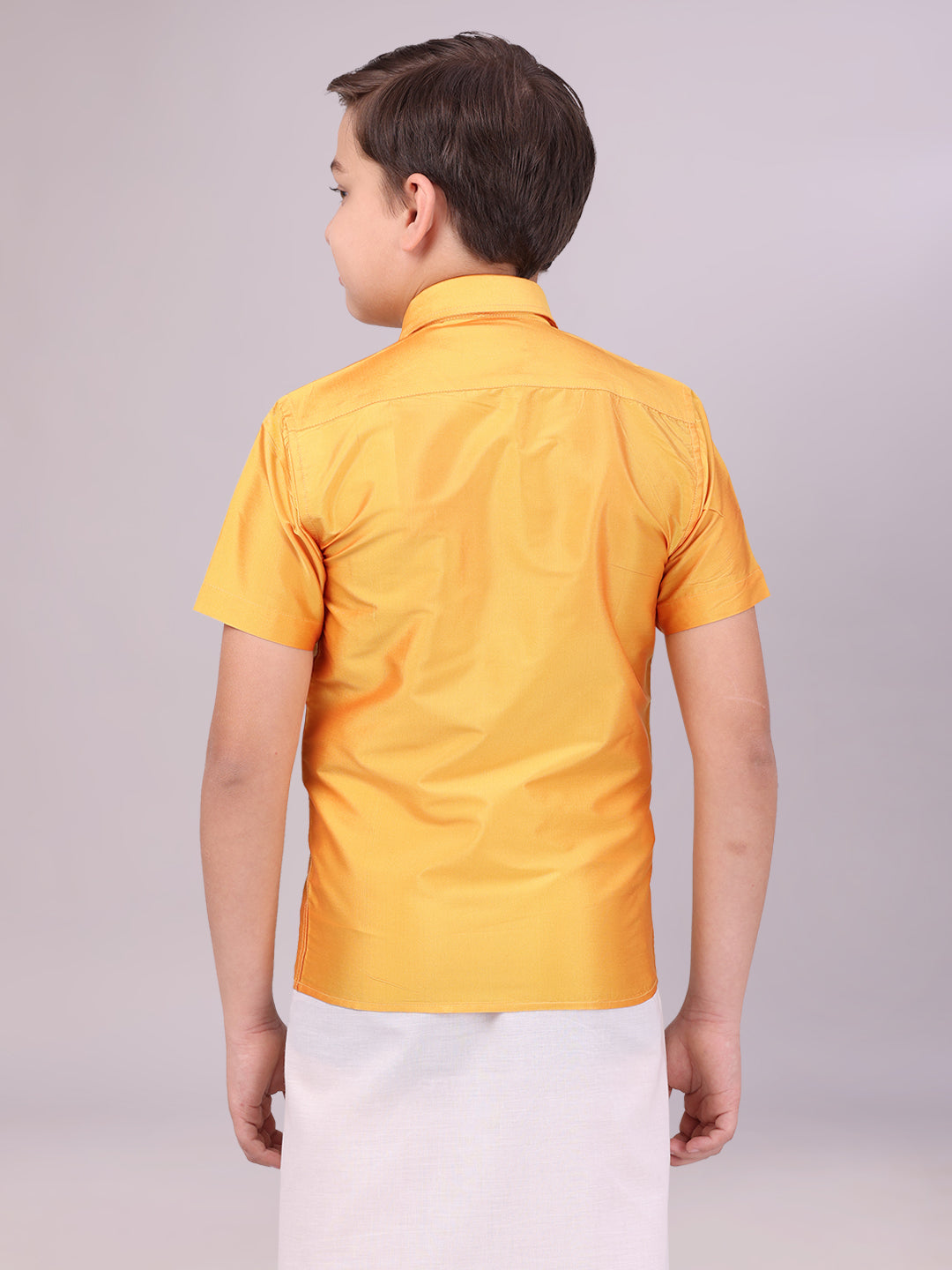 Boys Dupion Satin Yellow Colour Half Sleeves Shirt back pose