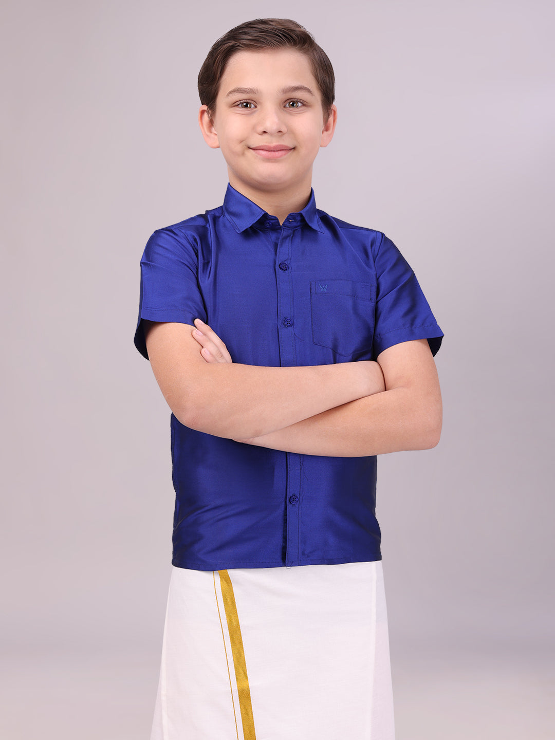 Boys Dupion Satin Dark Blue Color Half Sleeves Shirt 