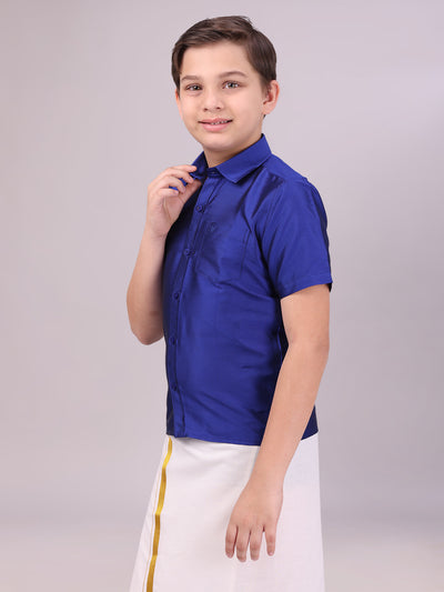 Boys Dupion Satin Dark Blue Colour Half Sleeves Shirt side pose