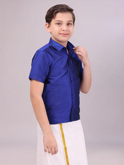 Boys Dupion Satin Dark Blue Colour Half Sleeves Shirt side pose