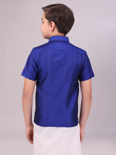 Boys Dupion Satin Dark Blue Colour Half Sleeves Shirt back pose