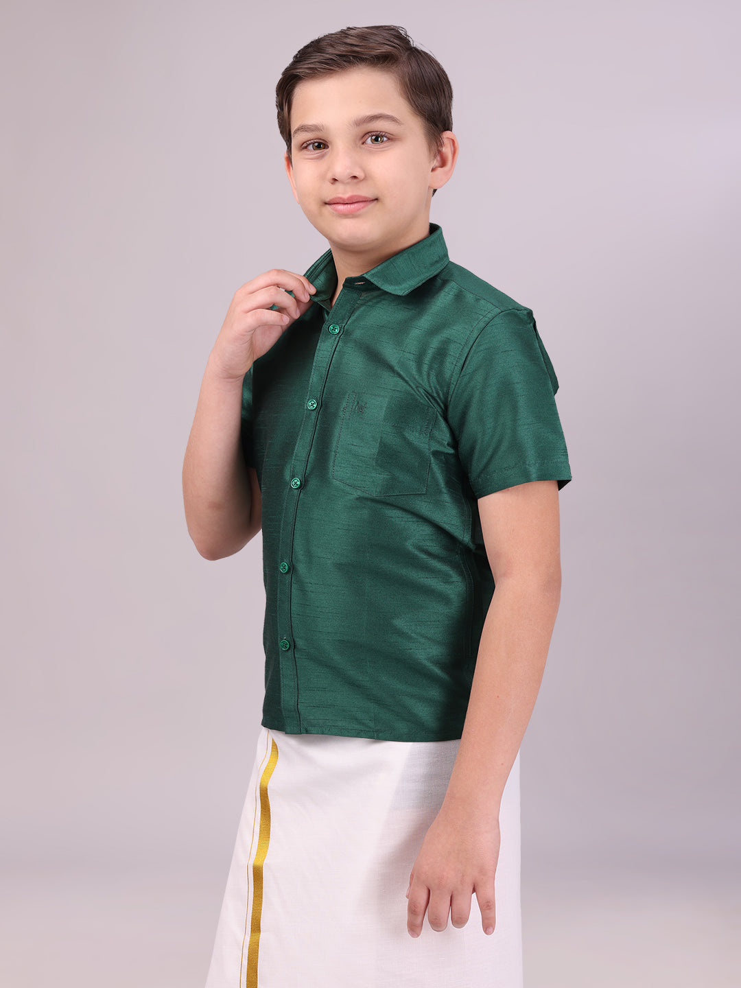 Boys Dark Green Color Half Sleeves Shirt side pose