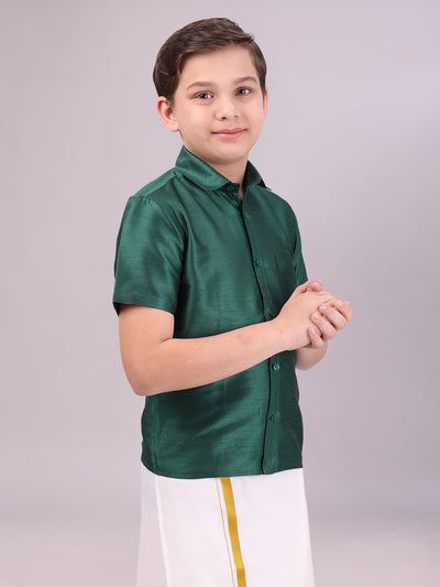 Boys Dark Green Color Half Sleeves Shirt side pose