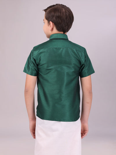 Boys Dark Green Color Half Sleeves Shirt back pose