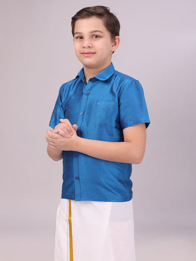 Boys Dark Blue Color Half Sleeves Shirt side pose