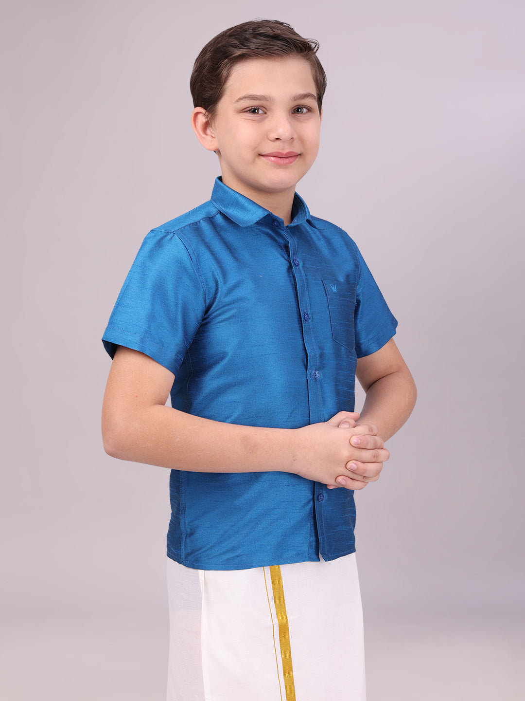 Boys Dark Blue Color Half Sleeves Shirt side pose