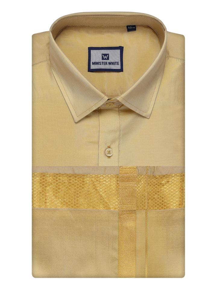 Mens Art Silk Mango Full Sleeves Shirt with Gold Jari Border Dhoti Combo Finesse by Minister White