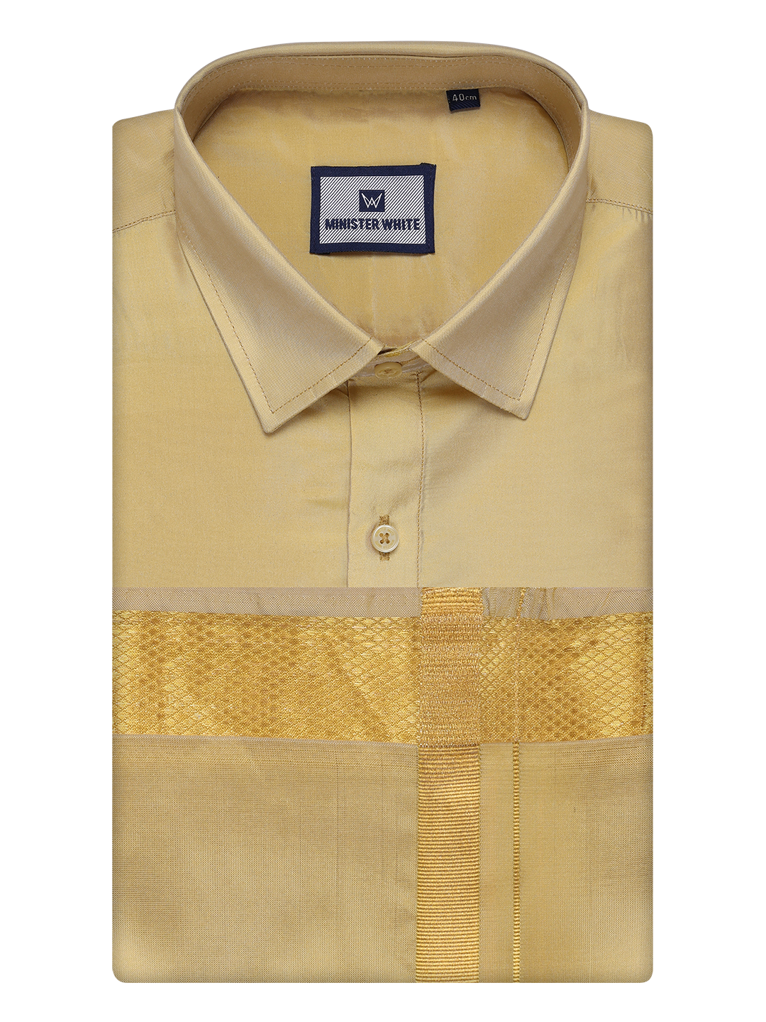 Mens Art Silk Mango Full Sleeves Shirt with Gold Jari Border Dhoti Combo Finesse by Minister White