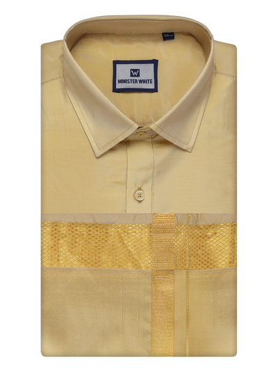 Mens Art Silk Mango Full Sleeves Shirt with Gold Jari Border Dhoti Combo Finesse by Minister White