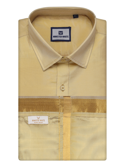 Mens Art Silk Mango Full Sleeves Shirt with Gold Jari Border Flexi Dhoti Combo Finesse by Minister White