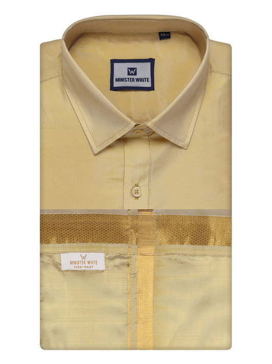 Mens Art Silk Mango Full Sleeves Shirt with Gold Jari Border Flexi Dhoti Combo Finesse by Minister White