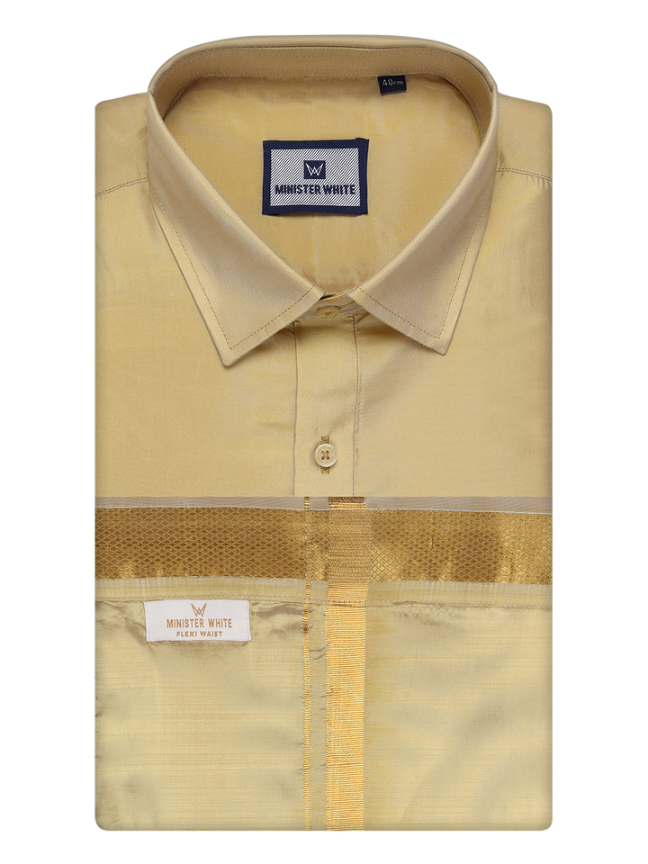 Mens Art Silk Mango Full Sleeves Shirt with Gold Jari Border Flexi Dhoti Combo Finesse by Minister White