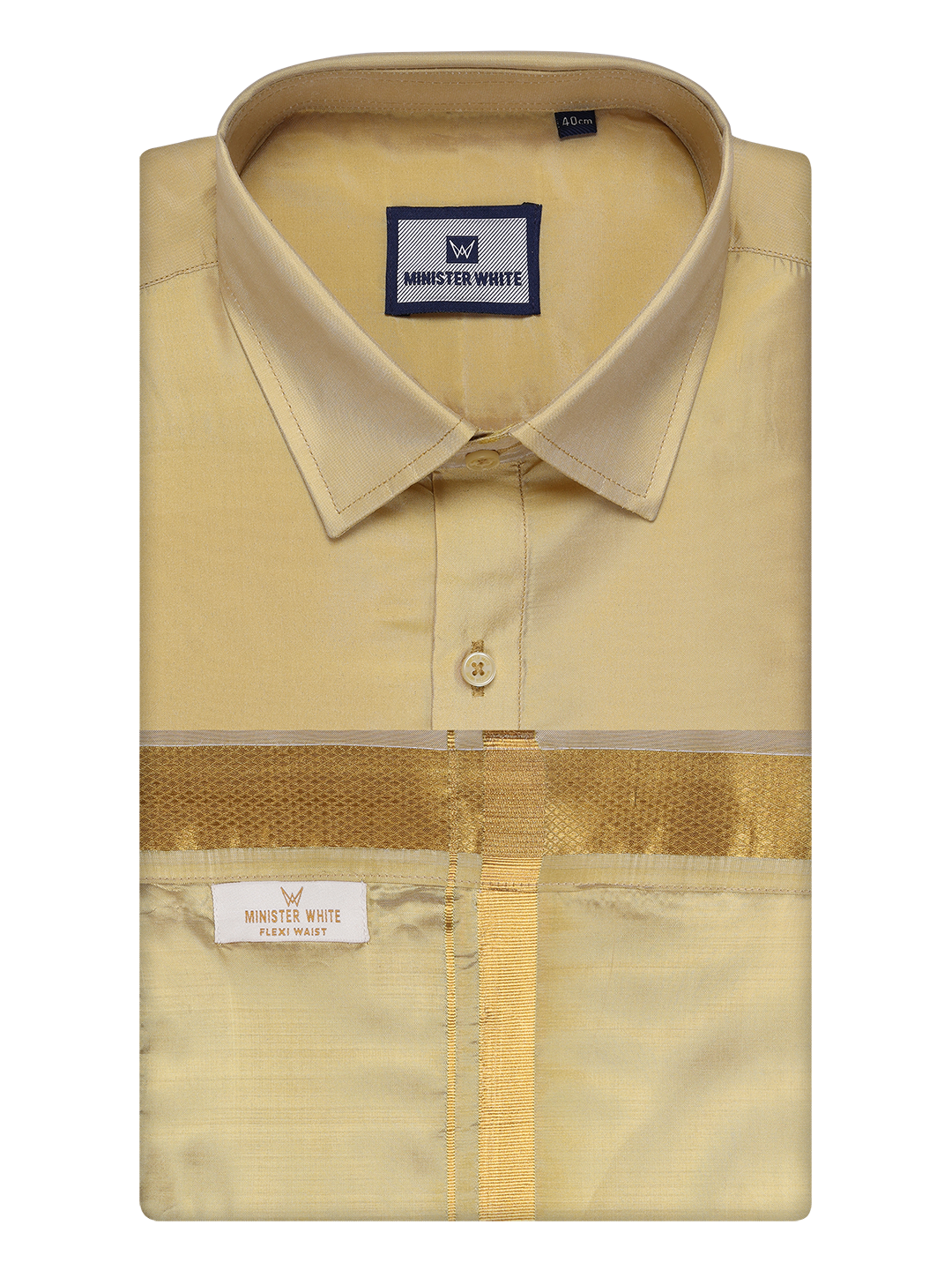 Mens Art Silk Mango Full Sleeves Shirt with Gold Jari Border Flexi Dhoti Combo Finesse by Minister White