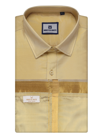 Mens Art Silk Mango Full Sleeves Shirt with Gold Jari Border Flexi Dhoti Combo Finesse by Minister White