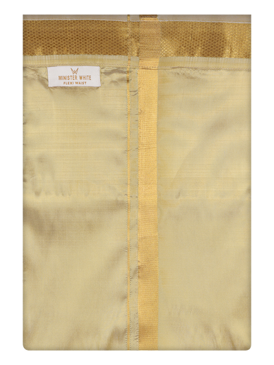 Mens Art Silk Mango Color Flexi Dhoti with Gold Jari Border by Minister White