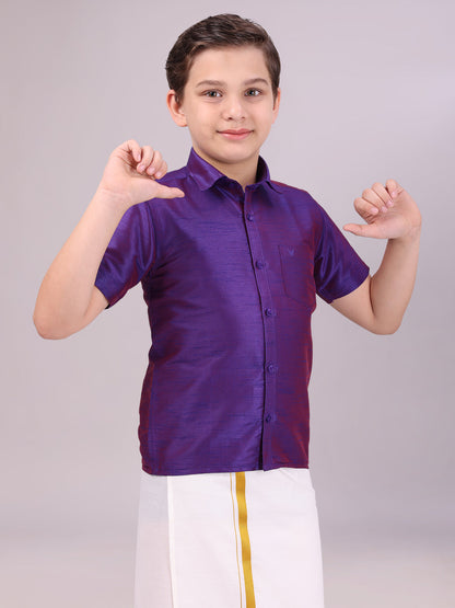 Boys Dark Blue Color Half Sleeves Shirt side pose