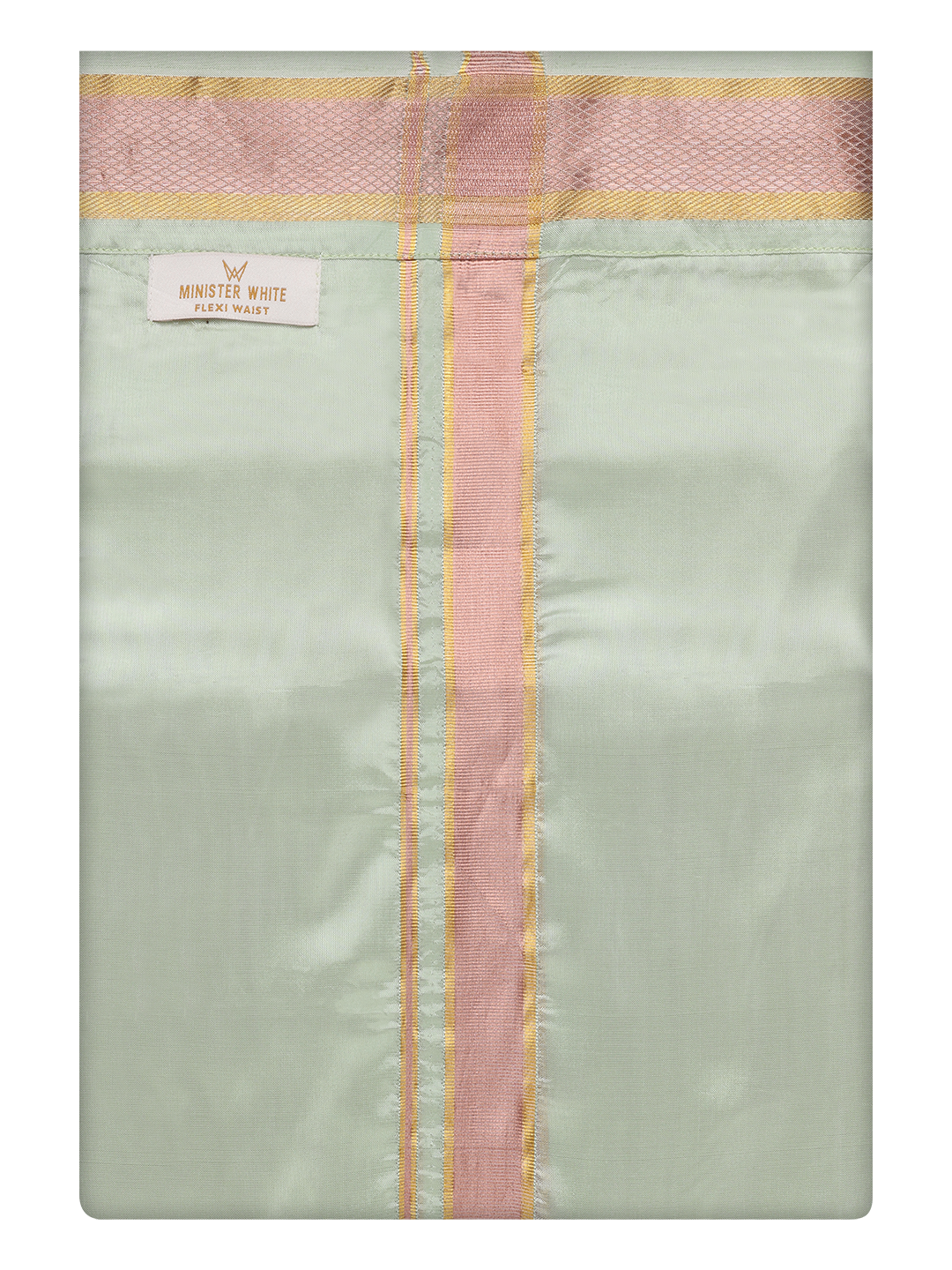 Mens Art Silk Pista Green Flexi Dhoti with Gold Jari Border By Minister White