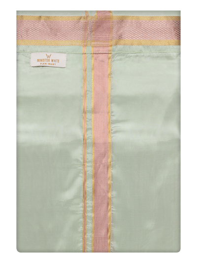 Mens Art Silk Pista Green Flexi Dhoti with Gold Jari Border By Minister White