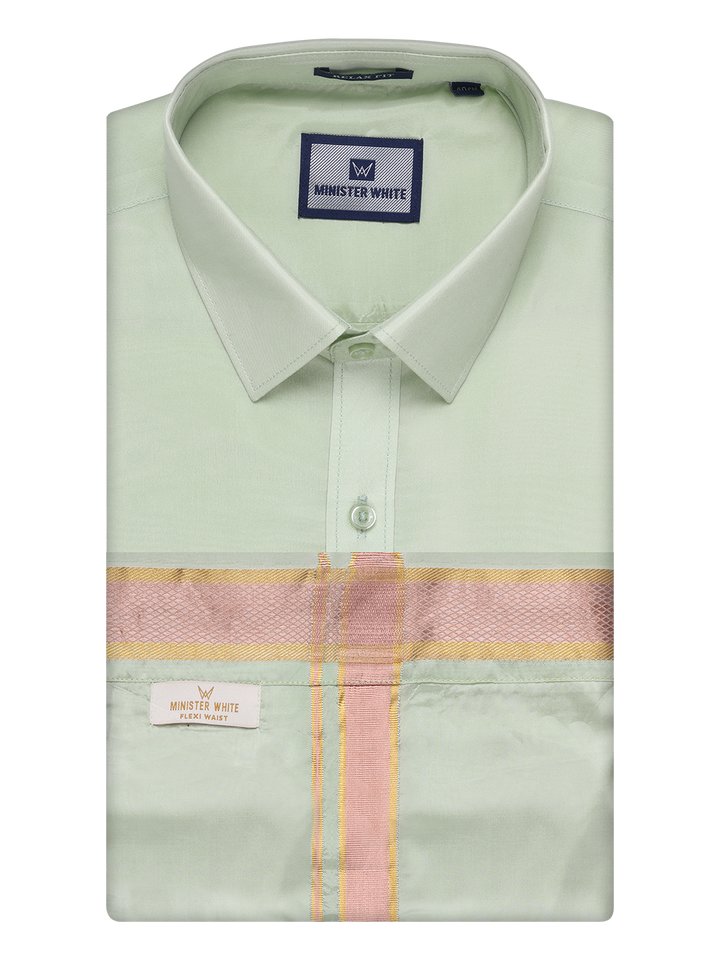 Mens Art Silk Pista Green Full Sleeves Shirt & Flexi Dhoti Combo by Minister White