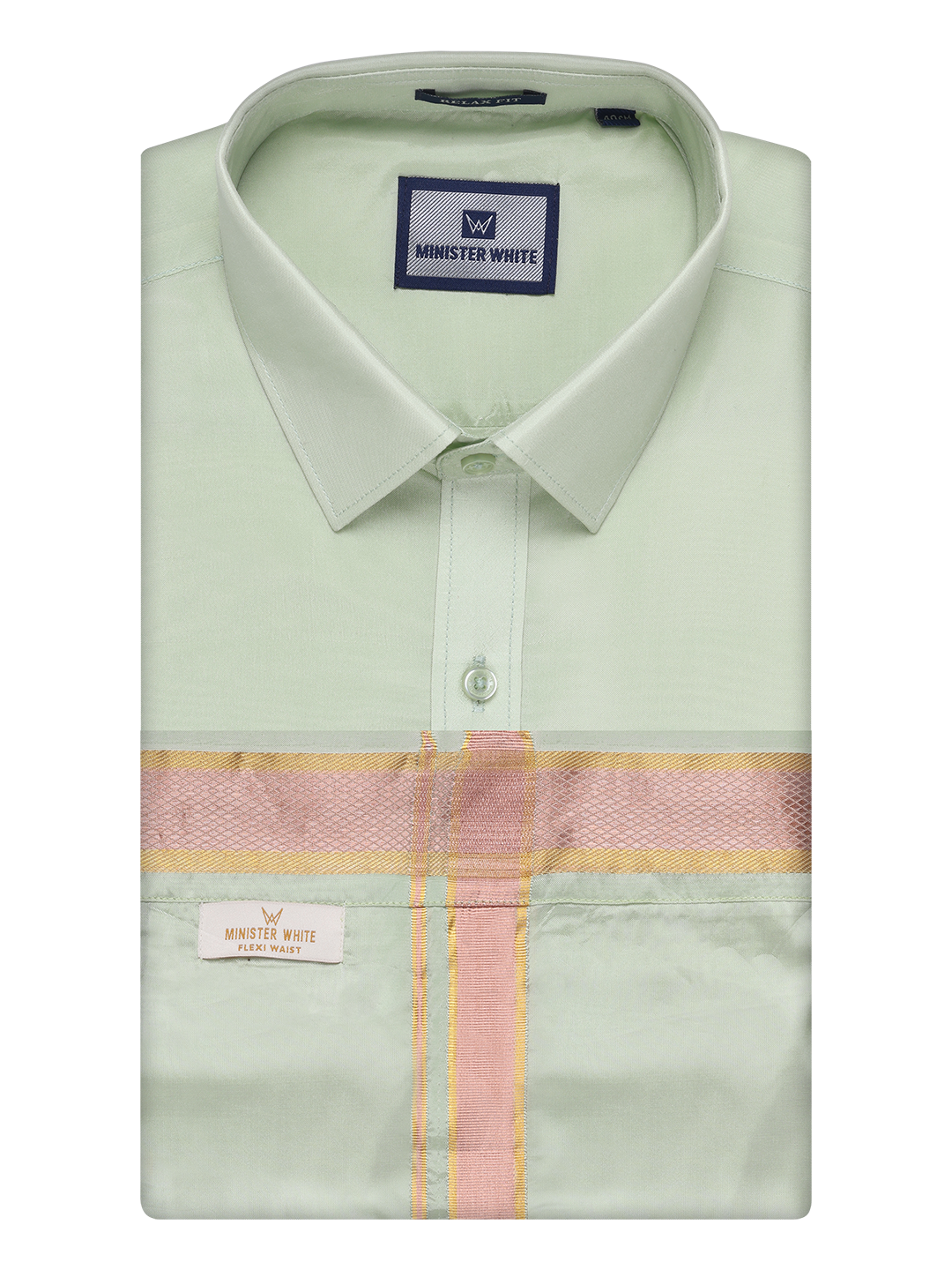Mens Art Silk Pista Green Full Sleeves Shirt & Flexi Dhoti Combo by Minister White
