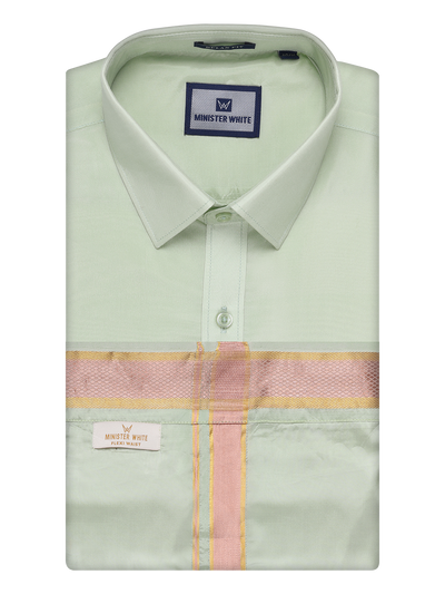 Mens Art Silk Pista Green Full Sleeves Shirt & Flexi Dhoti Combo by Minister White