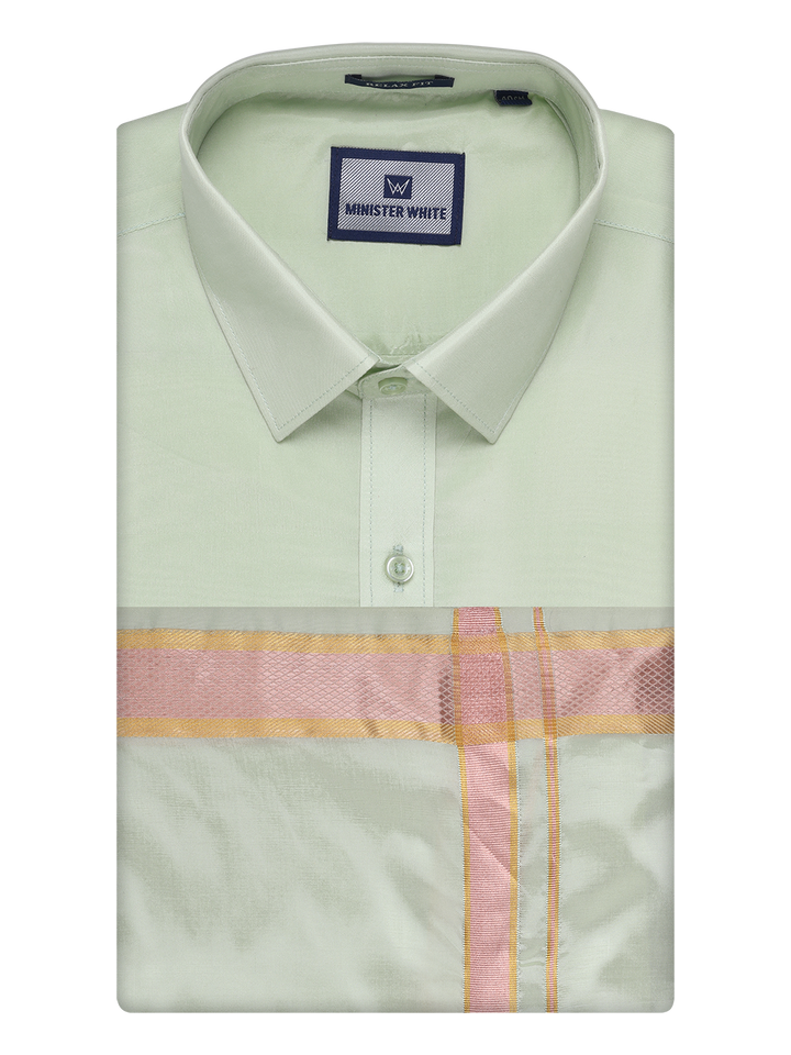 Mens Art Silk Pista Green Full Sleeves Shirt & Dhoti Combo by Minister White