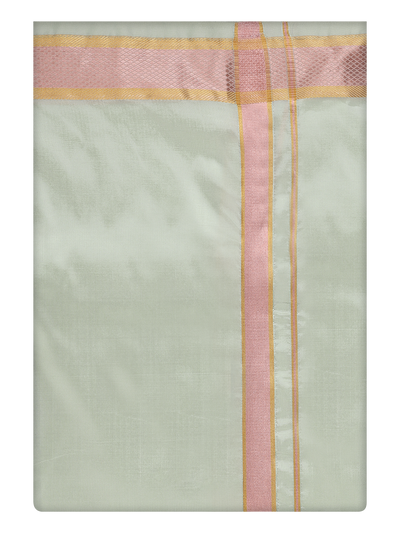 Mens Art Silk Pista Green Dhoti with Gold Jari Border By Minister White