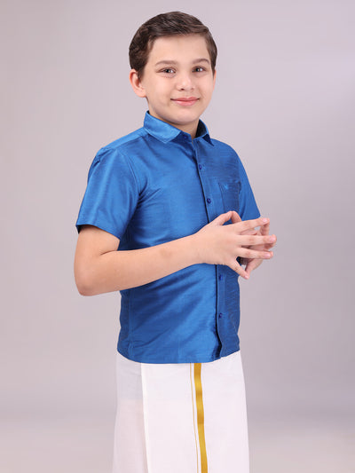 Boys Blue Colour Half Sleeves Shirt side pose