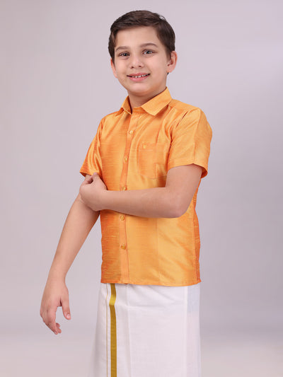 Boys Orange Colour Half Sleeves Shirt side pose