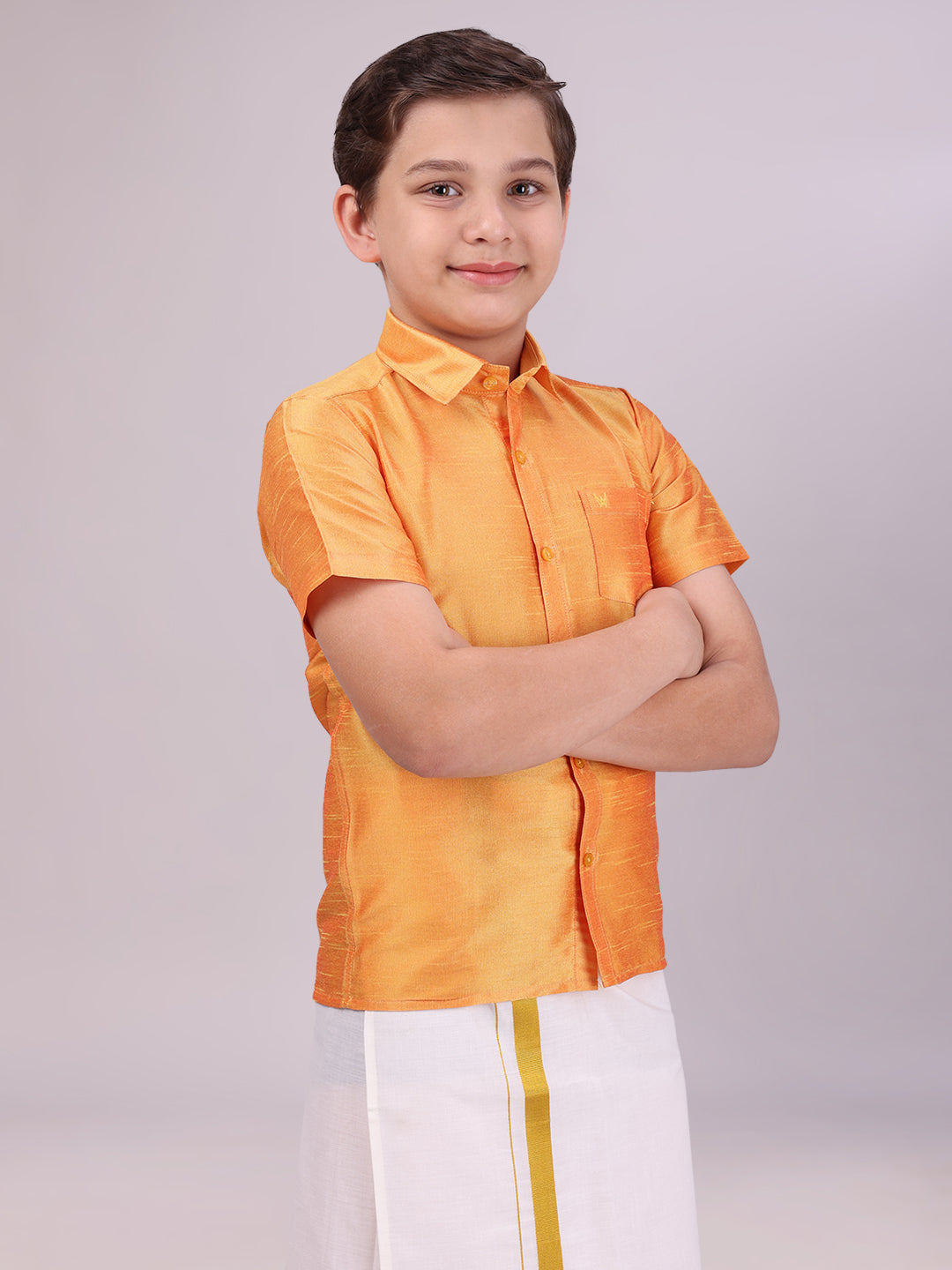 Boys Orange Colour Half Sleeves Shirt side pose