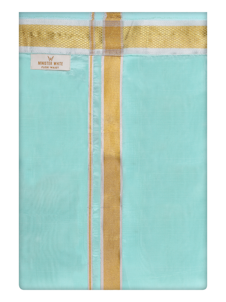 Mens Art Silk Mint Leaf Flexi Dhoti with Gold Jari Border By Minister White
