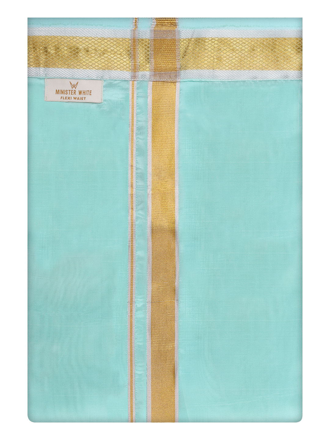 Mens Art Silk Mint Leaf Flexi Dhoti with Gold Jari Border By Minister White