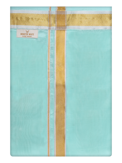 Mens Art Silk Mint Leaf Flexi Dhoti with Gold Jari Border By Minister White