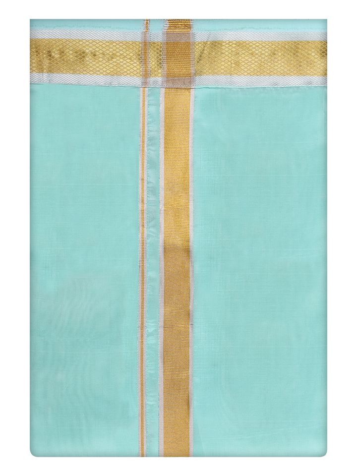 Mens Art Silk Mint Leaf Dhoti with Gold Jari Border By Minister White