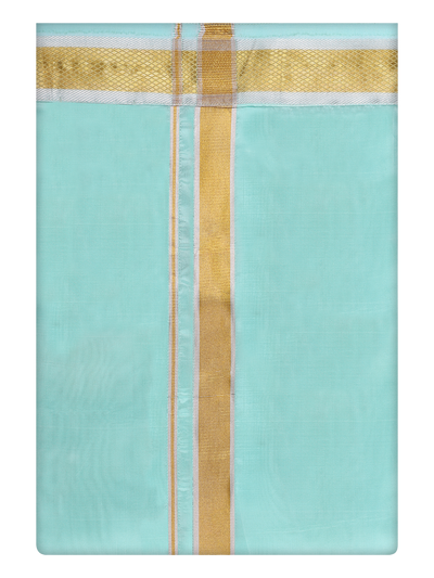 Mens Art Silk Mint Leaf Dhoti with Gold Jari Border By Minister White