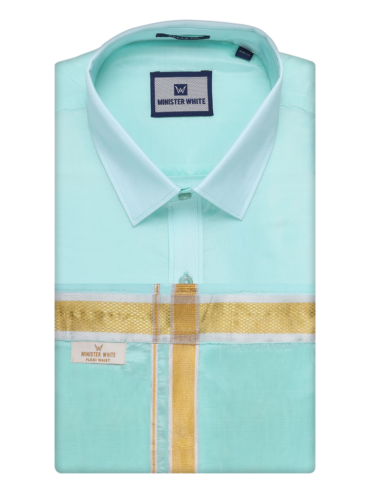 Mens Art Silk Mint Leaf Full Sleeves Shirt with Gold Jari Border Flexi Dhoti Combo Finesse by Minister White