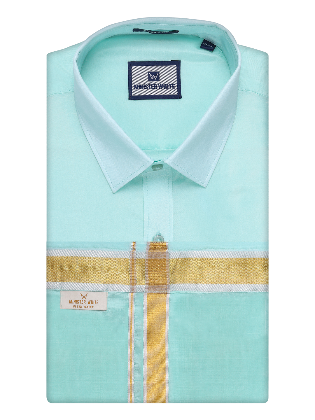 Mens Art Silk Mint Leaf Full Sleeves Shirt with Gold Jari Border Flexi Dhoti Combo Finesse by Minister White