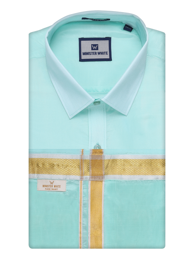 Mens Art Silk Mint Leaf Full Sleeves Shirt with Gold Jari Border Flexi Dhoti Combo Finesse by Minister White