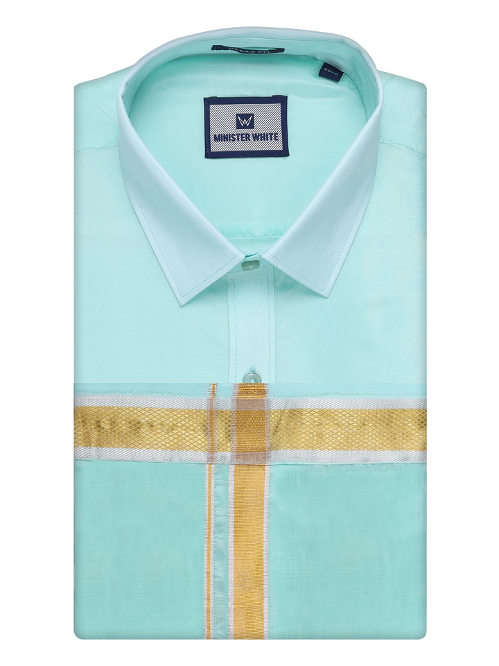 Mens Art Silk Mint Leaf Full Sleeves Shirt with Gold Jari Border Dhoti Combo Finesse by Minister White