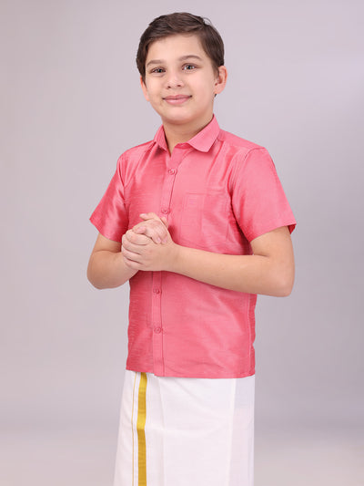 Boys Dark Pink Color Half Sleeves Shirt side pose