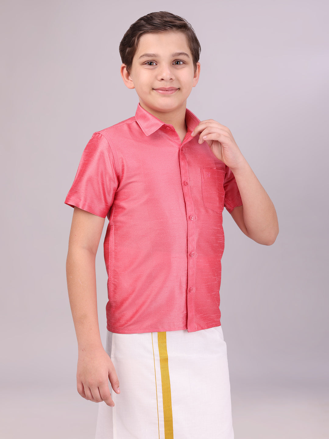 Boys Dark Pink Color Half Sleeves Shirt side pose