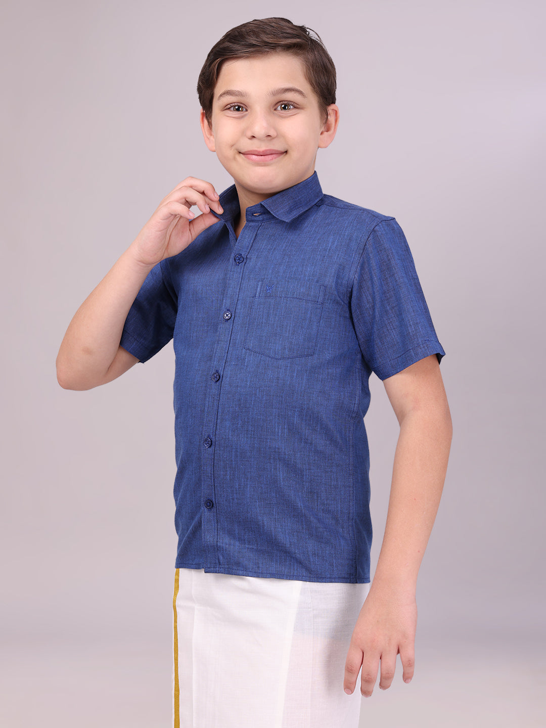 Boys Cotton Inic Blue Colour Half Sleeves Shirt side pose