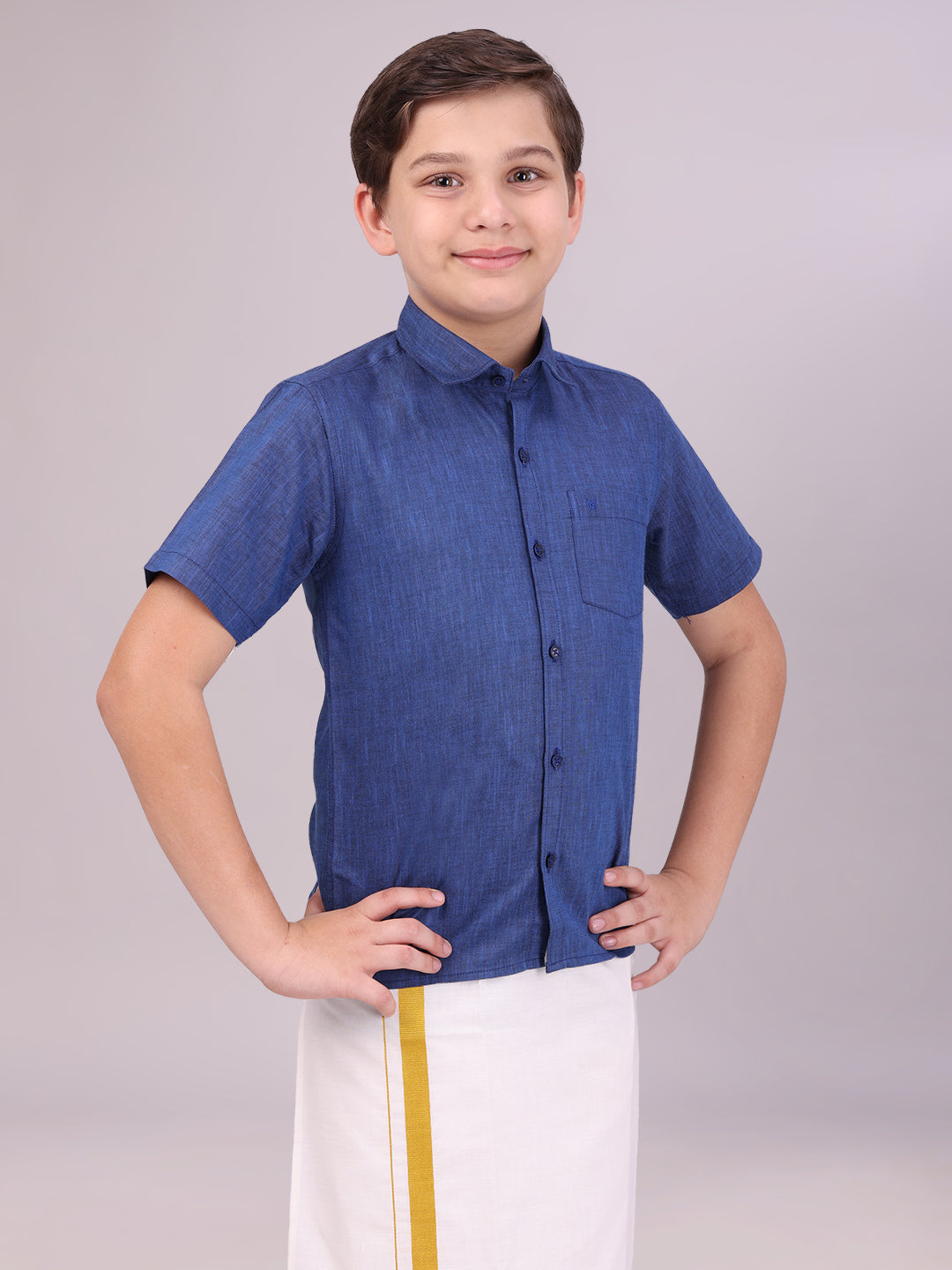 Boys Cotton Inic Blue Colour Half Sleeves Shirt side pose